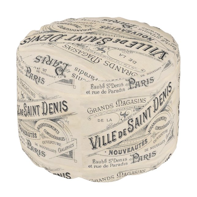 Round Pouf Beige Black Paris (Angled Front)