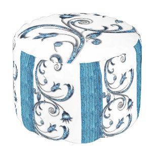 Round Pouf Floral Blue