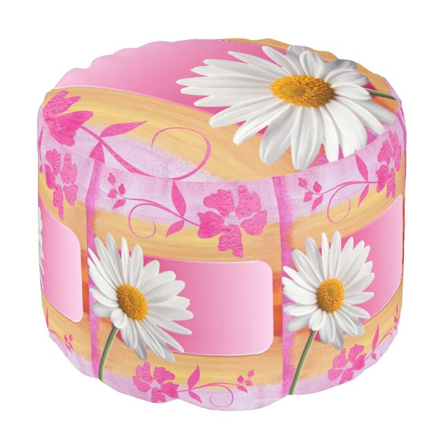 Round Pouf Floral Pink White Daisy (Angled Front)