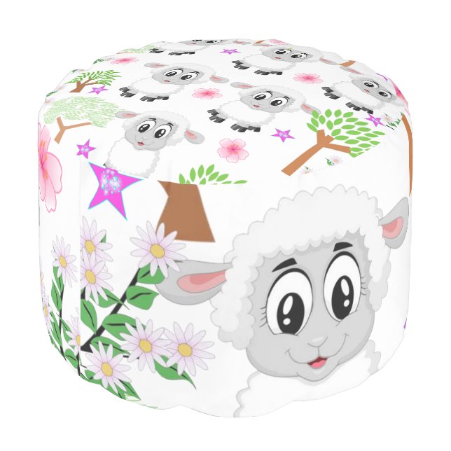 Round Pouf Floral Sheep Trees (Angled Back)