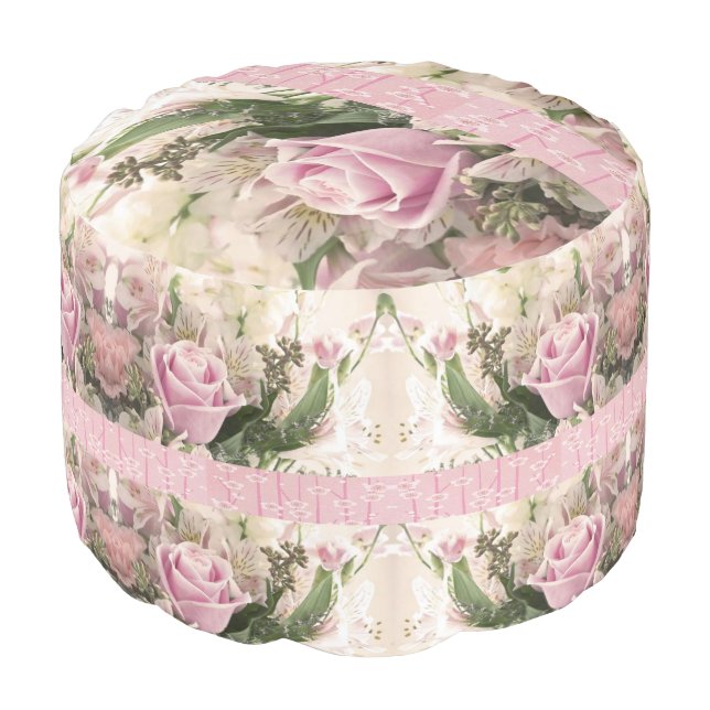 Round Pouf Pastel Pink Roses Floral (Angled Front)