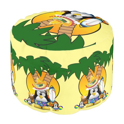 Round Pouf Surfer Penguin Beach