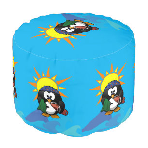 Round Pouf Surfer Penguin Beach