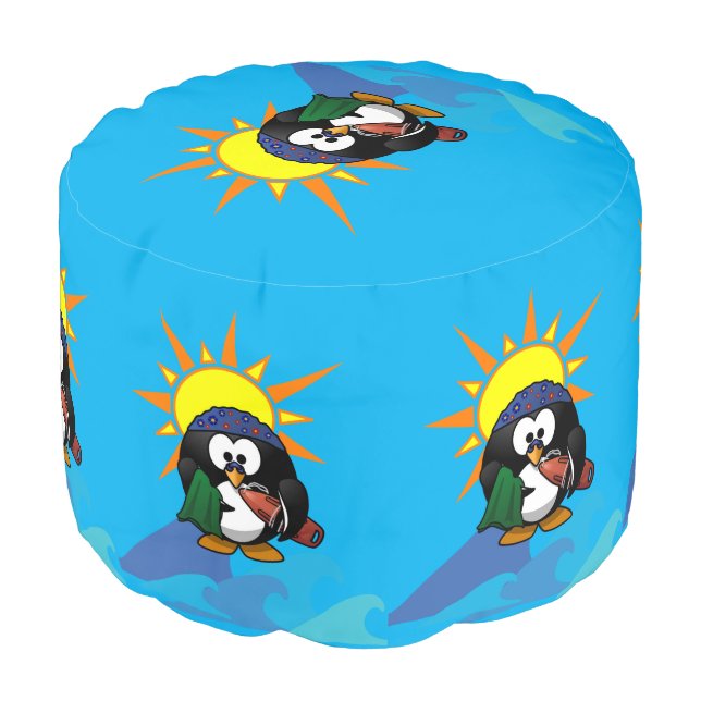 Round Pouf Surfer Penguin Beach (Angled Front)