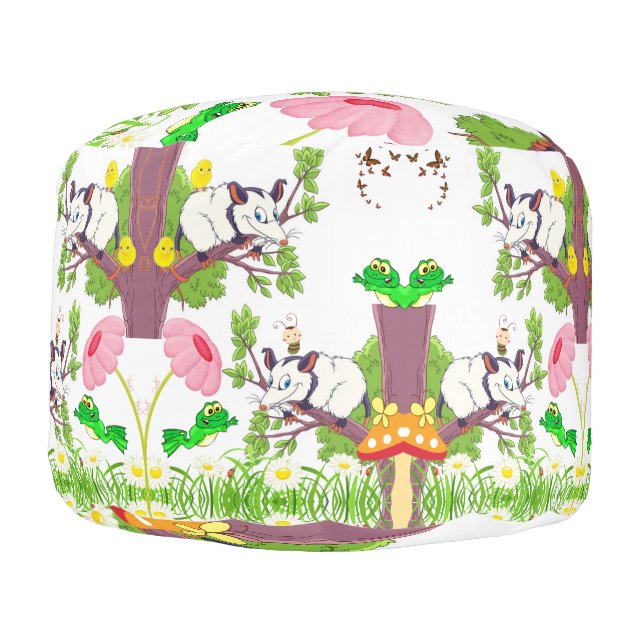 Round Pouf White Possum Chicks Frog Floral (Left)