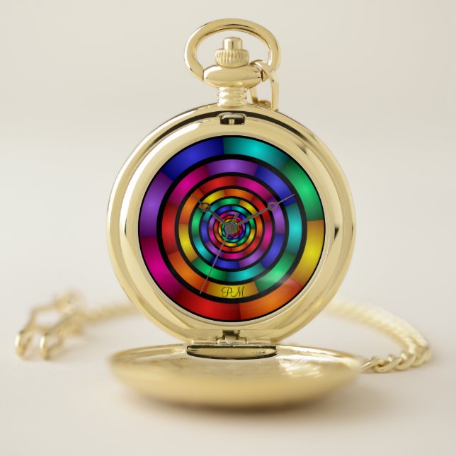 Round Psychedelic Colorful Modern Pattern Monogram Pocket Watch (Inside)