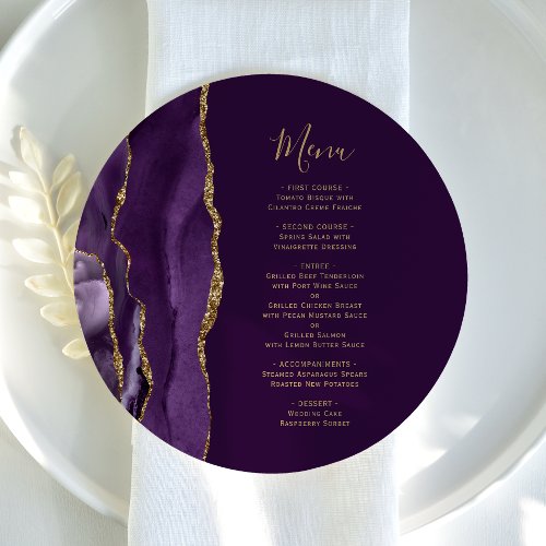 Round Purple Gold Agate Plum Wedding Menu