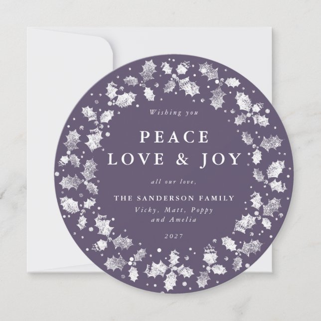 Round Purple Holly Wreath Peace Love + Joy Holiday Card (Front)