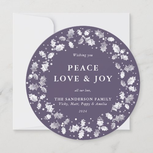 Round Purple Holly Wreath Peace Love  Joy Holiday Card