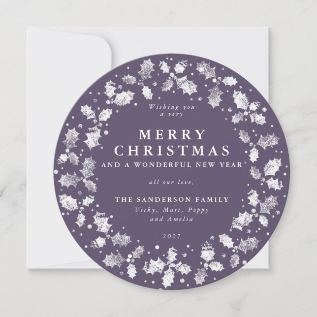Round Purple Merry Christmas Holly Wreath Holiday Card (Front)