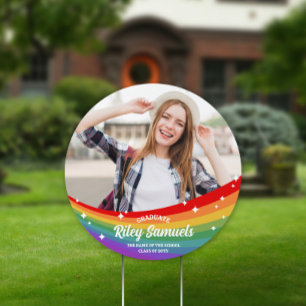 Round Rainbow Cartoon Sparkles Photo Graduation Sign