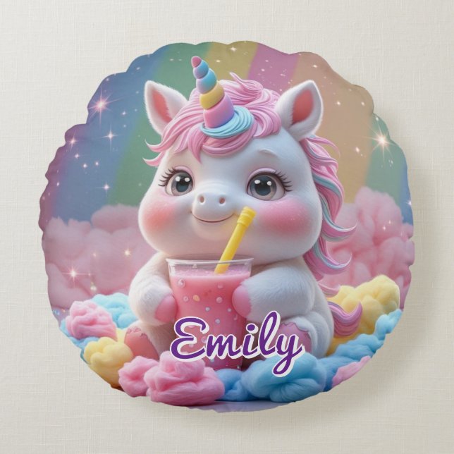Round Rainbow Unicorn Pillow – Editable Name (Front)
