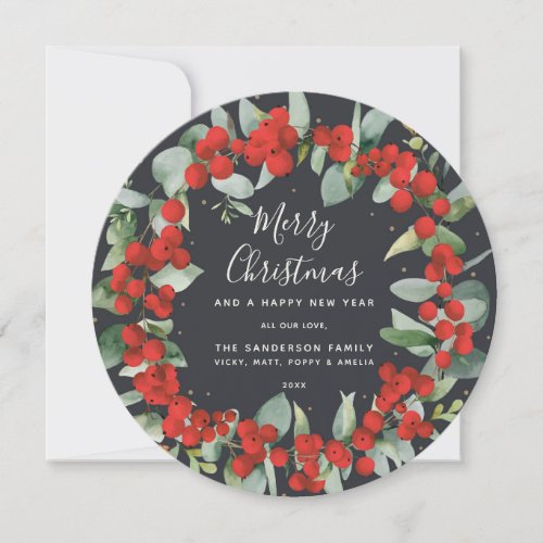 Round Red Berries  Eucalyptus Christmas Wreath Holiday Card