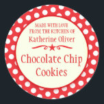 Round red cookie exchange baking gift stickers<br><div class="desc">Cute red polka dot baking stickers, perfect for christmas cookie exchange parties or for selling your homemade products at farmer's market's and craft fairs. Use these stickers to seal your Christmas goodies that you give others or for children's favors to family and friends. Currently reads Made with love from the...</div>