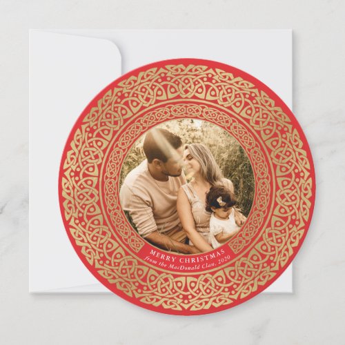 Round Red+Faux Gold Celtic Holiday Photo Card