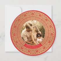 Round Red+Faux Gold Celtic Holiday Photo Card