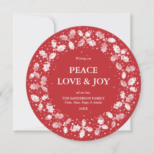 Round Red Hand Printed Holly Wreath Holiday Card