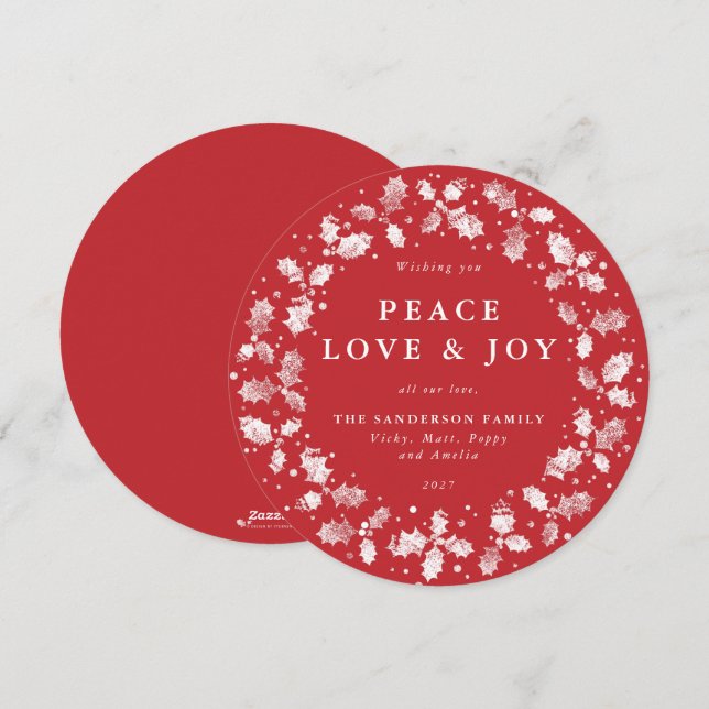 Round Red Holly Wreath Peace Love + Joy Holiday Card (Front/Back)