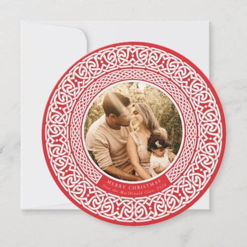 Round Red + Off White Celtic Holiday Photo Card