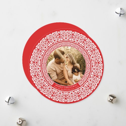 Round Red + Off White Celtic Holiday Photo Card
