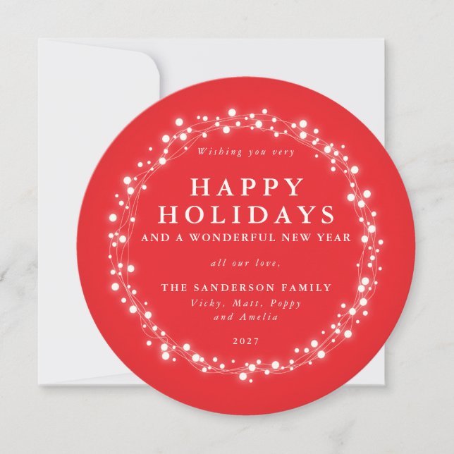 Round Red Sparkling Christmas Lights Holiday Card (Front)