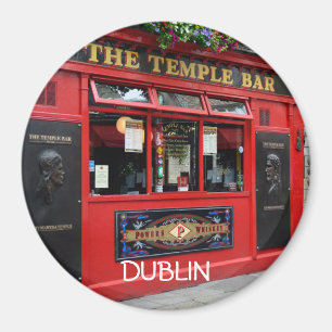 Round red Temple Bar pub magnet with text Dublin