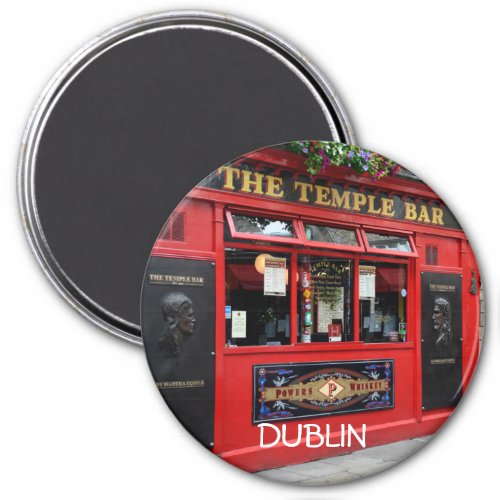 Round red Temple Bar pub magnet with text Dublin