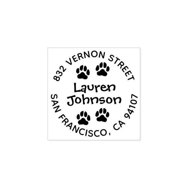 Round Return Address Rubber Stamp With Paw Prints (Imprint)