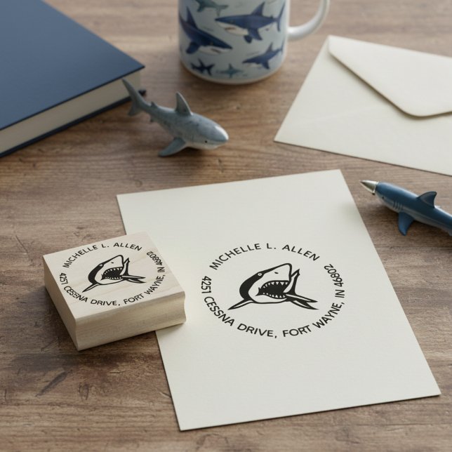 Round Return Address Stamp for Shark Lovers (Round return address stamp for shark lovers.)