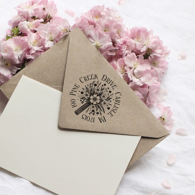 Round Return Address Stamp With Flowers In Vase (Round Floral Stamp With Return Address)