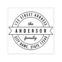 Round Ribbon Modern Family Name Return Address Self-inking Stamp