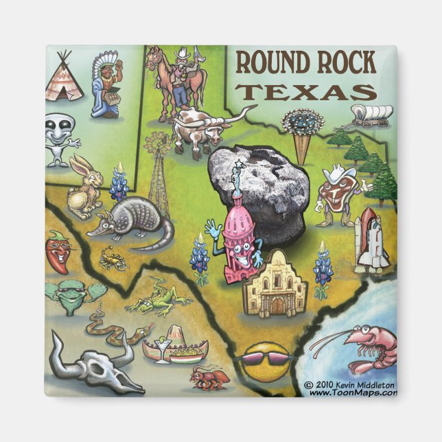 Round Rock Texas Cartoon Map Magnet (Front)