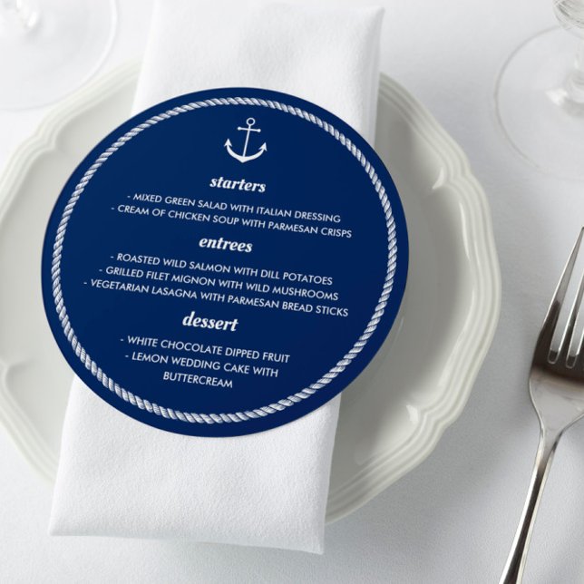 Round Rope Anchor Blue White Nautical Wedding Menu (Creator Uploaded)