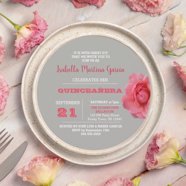 Round Rose Gray Quinceañera Invitation (Creator Uploaded)