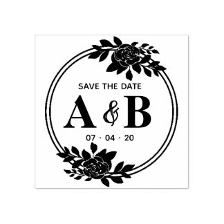 Round Rose Vintage Monogram Save The Date Rubber Stamp