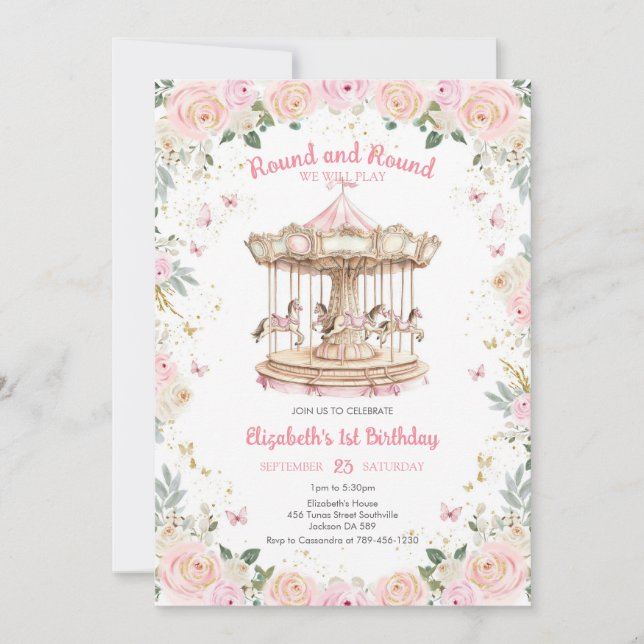 Round & Round Floral Carousel Birthday Invitation (Front)
