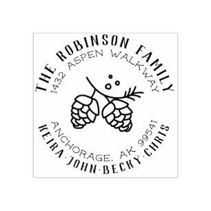 Round Rustic Pine Cone Family Name Return Address Rubber Stamp