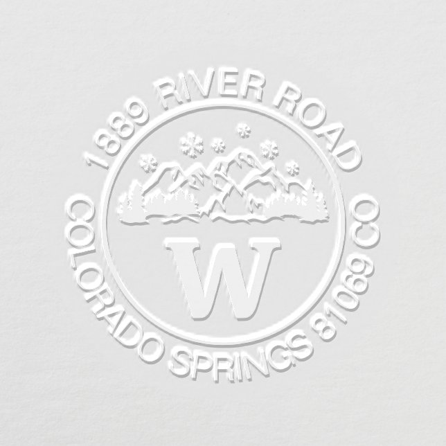 Round Rustic Snowfall Mountains Monogram Address Embosser (Design)