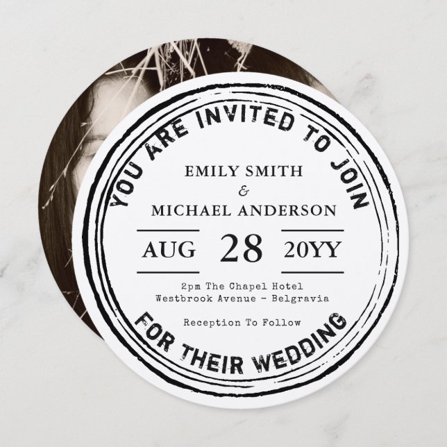 Round Rustic Wedding Invitation Ink Stamp Photo (Front/Back)