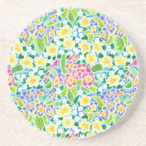 Round Sandstone Coaster Pretty Primroses Pattern Drink Coaster