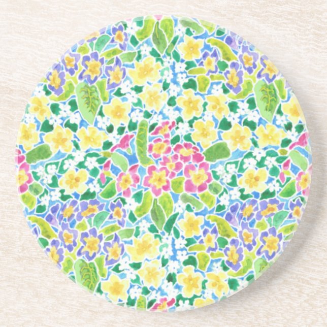 Round Sandstone Coaster, Pretty Primroses Pattern Drink Coaster (Front)