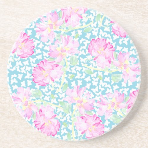 Round Sandstone Coaster Roses and Butterflies Drink Coaster