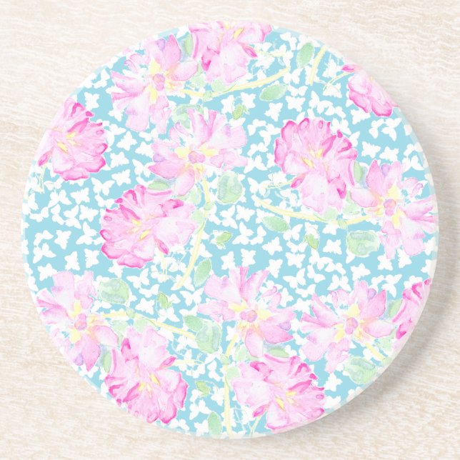 Round Sandstone Coaster, Roses and Butterflies Drink Coaster (Front)