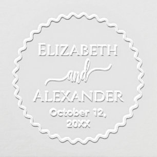 Round Scallop Frame Bride Groom Names Date Wedding Embosser