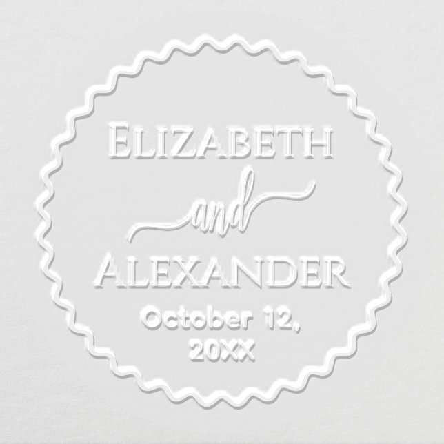 Round Scallop Frame Bride Groom Names Date Wedding Embosser (Design)