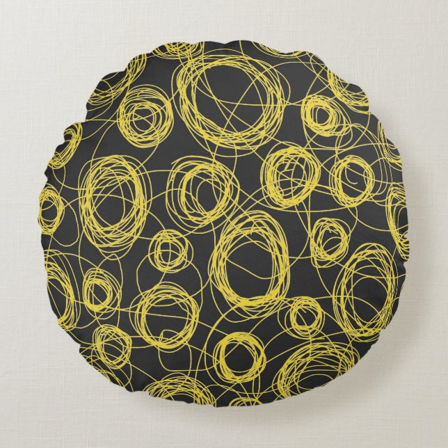 Round Scribbles Yellow and Black Round Pillow (Front)