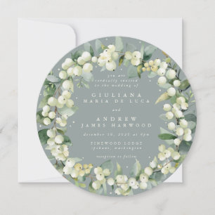 Round Seafoam Snowberry+Eucalyptus Wreath Wedding Invitation