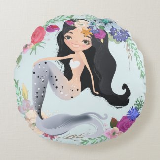 Round SIlver Fin Floral Mermaid Pillow
