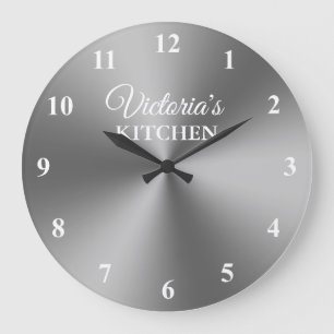 Round silver metallic custom kitchen wall clock