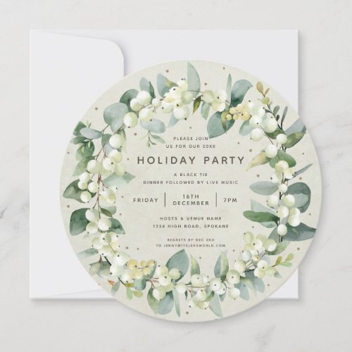 Round SnowberryEucalyptus Christmas Wreath Party Invitation
